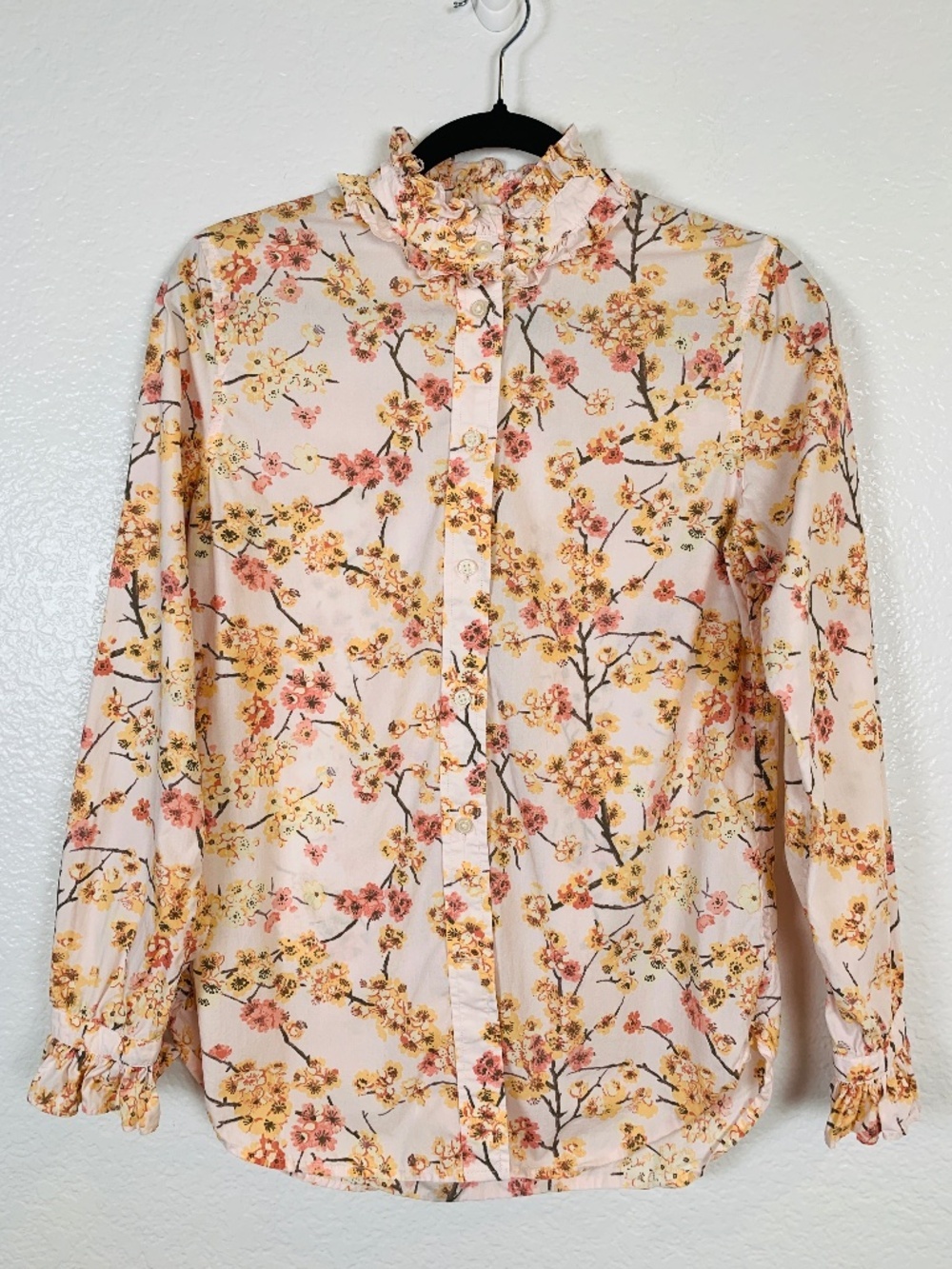 J. Crew Classic-Fit Button Up Ruffle Neck Shirt Size 2 Pink Cherry Blossoms